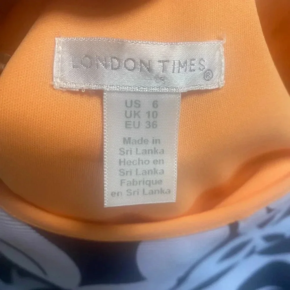 London Times Size 6 Blue Orange Floral Shift Casual Career Dress Ribbed